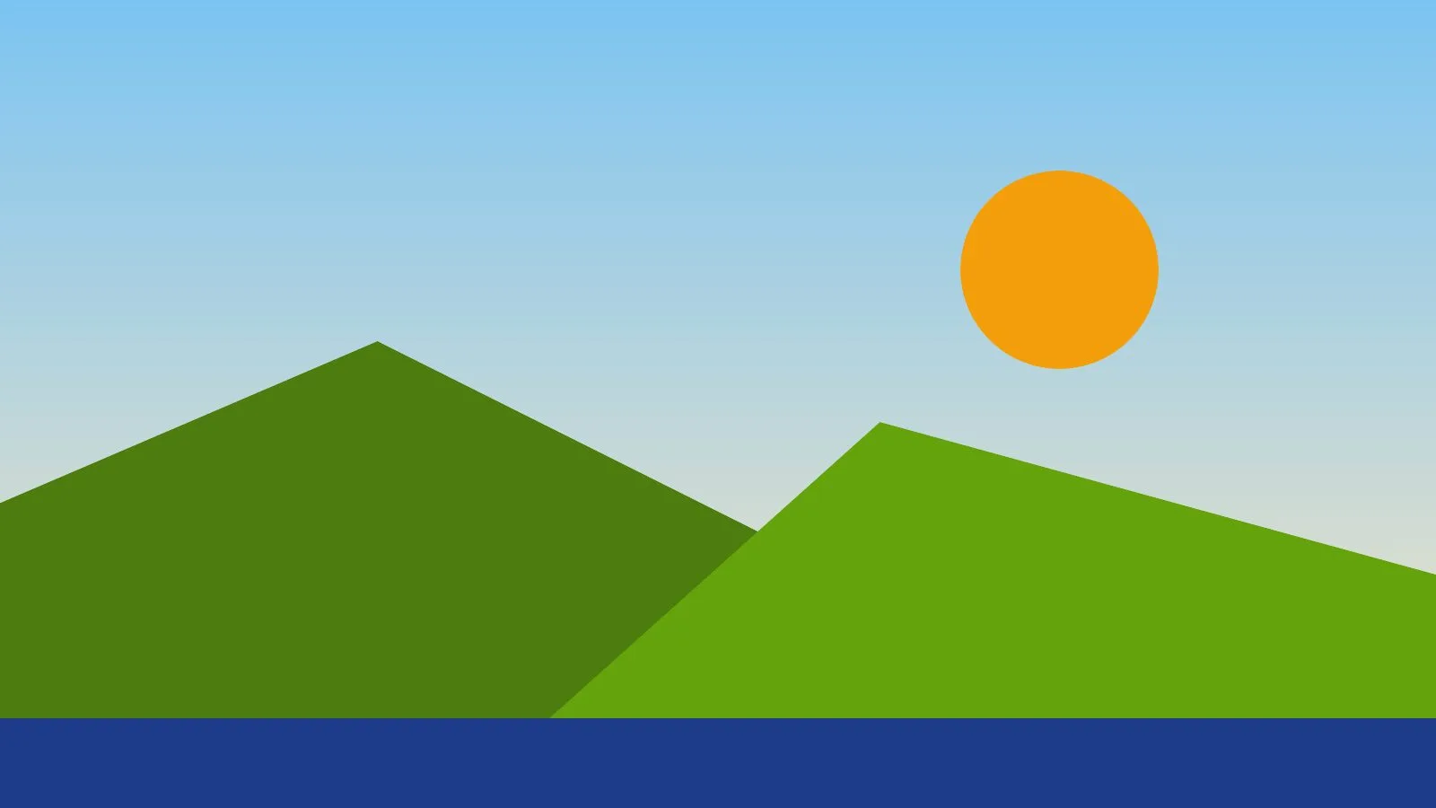 The same landscape in colour: green hills, orange sun and blue lake